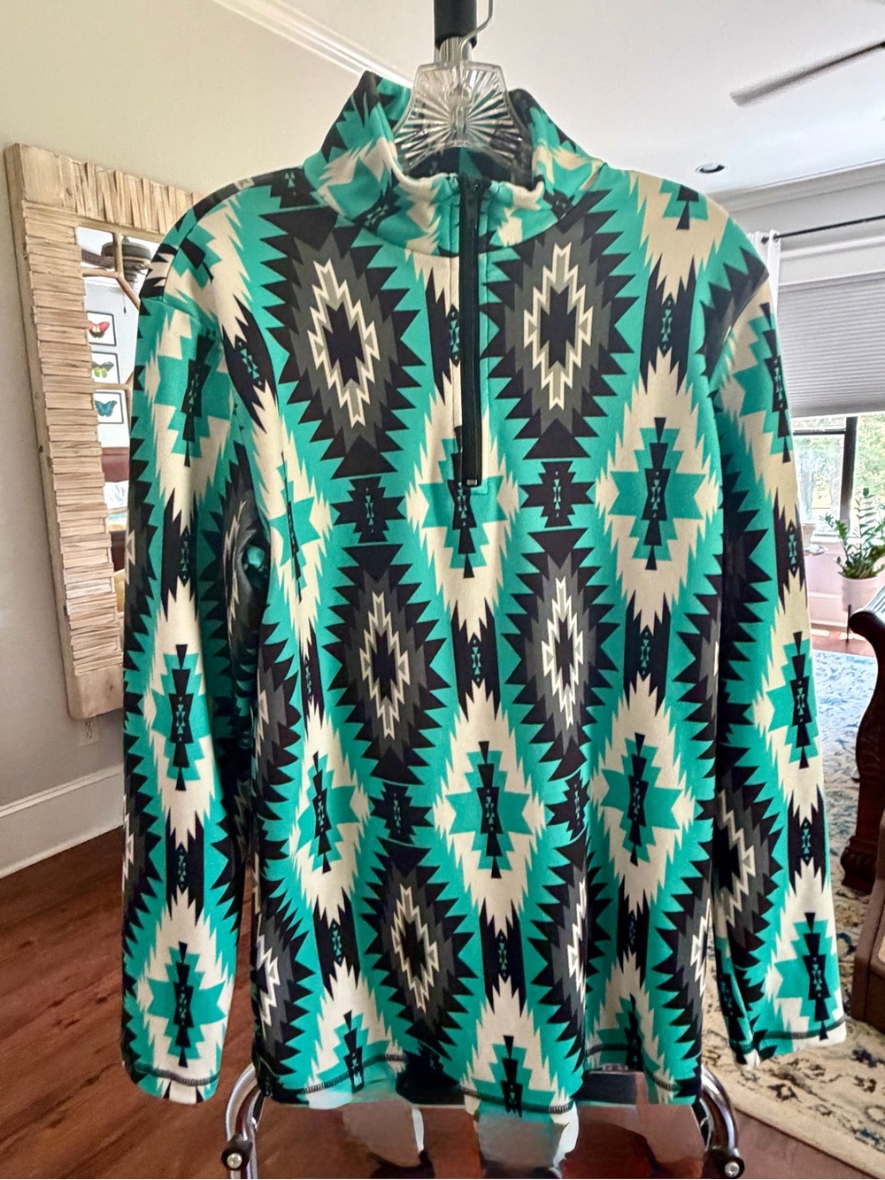 Women’s Quarter-Zip Pullover in Teal Tribal Print